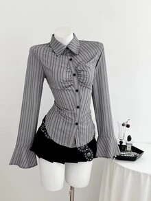 Elamini Spring To Summer Women's Fashion Casual Striped Print Long Sleeve Shirt Blouses For Women Business - Grey - View 8