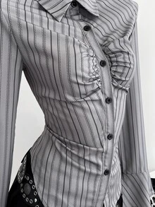 Elamini Spring To Summer Women's Fashion Casual Striped Print Long Sleeve Shirt Blouses For Women Business - Grey - View 4