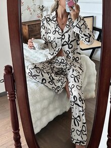 蝴蝶结星形印花翻领长袖睡衣套装，秋冬舒适优雅细节 - 彩色 - 查看 6