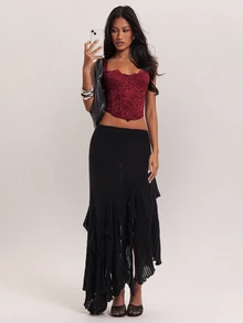 SHEIN BAE New Personalized Eye-Catching Versatile Deconstructed Asymmetrical Hem Elastic Waist Commute Travel Drape Women's Sweater Skirt - Black - View 2