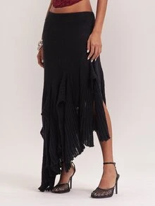 SHEIN BAE New Personalized Eye-Catching Versatile Deconstructed Asymmetrical Hem Elastic Waist Commute Travel Drape Women's Sweater Skirt - Black - View 6