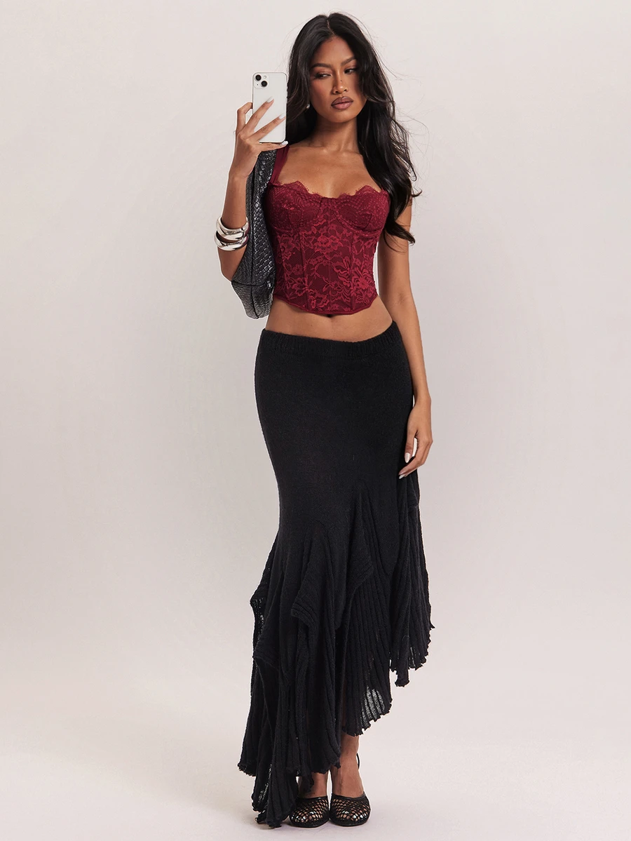 SHEIN BAE New Personalized Eye-Catching Versatile Deconstructed Asymmetrical Hem Elastic Waist Commute Travel Drape Women's Sweater Skirt - Black - View 1