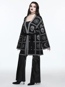 ROMWE Vintage Dark Gothic Skull Moon Pattern Jacquard Versatile Long Cardigan Plus Size - Black - View 2