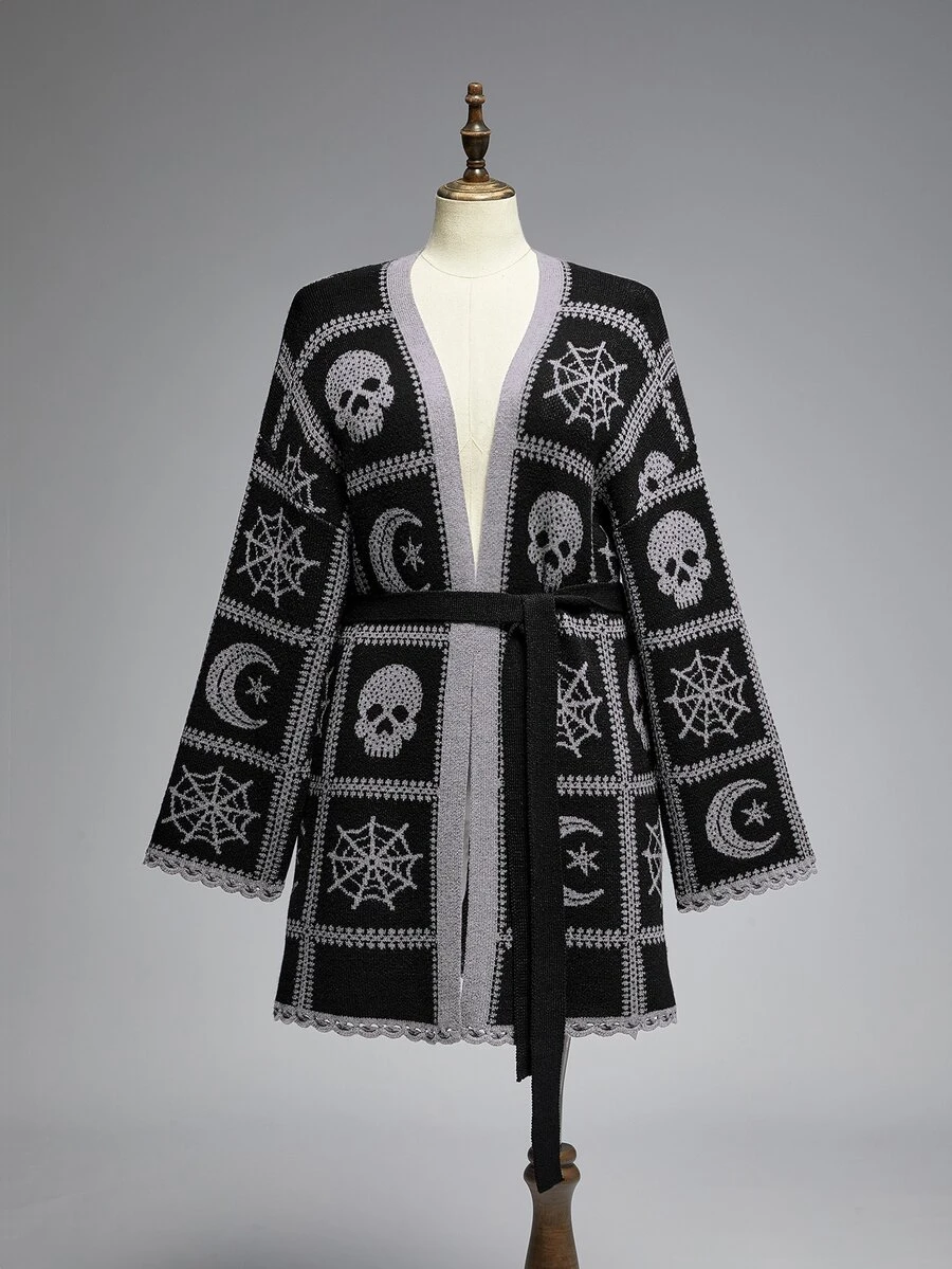 ROMWE Vintage Dark Gothic Skull Moon Pattern Jacquard Versatile Long Cardigan Plus Size - Black - View 1