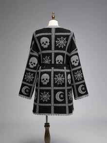 ROMWE Vintage Dark Gothic Skull Moon Pattern Jacquard Versatile Long Cardigan Plus Size - Black - View 5