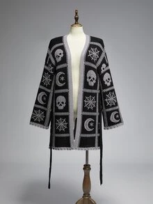 ROMWE Vintage Dark Gothic Skull Moon Pattern Jacquard Versatile Long Cardigan Plus Size - Black - View 8