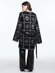 ROMWE Vintage Dark Gothic Skull Moon Pattern Jacquard Versatile Long Cardigan Plus Size - Black - View 3