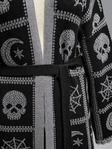 ROMWE Vintage Dark Gothic Skull Moon Pattern Jacquard Versatile Long Cardigan Plus Size - Black - View 9