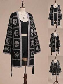 ROMWE Vintage Dark Gothic Skull Moon Pattern Jacquard Versatile Long Cardigan Plus Size - Black - View 4