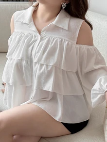 REIGN AVE Plaid Collar Cinched Waist Puff Short Sleeve Cropped Shirt Fall - White - View 5