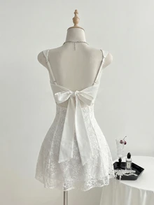 Elamini Women's Casual Sexy Backless Lace Cinched Waist Dress - White - View 2