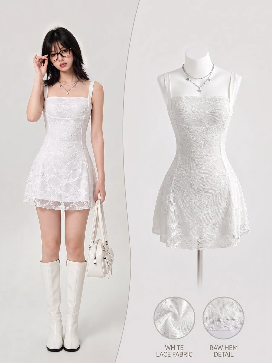 Elamini Women's Casual Sexy Backless Lace Cinched Waist Dress - White - View 1