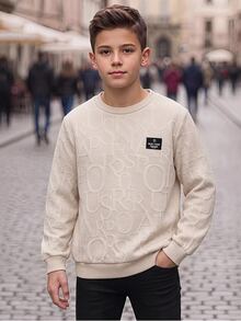 SHEIN Tween Boys Beige Embossed Letter Sweatshirt, Textured Sweatshirt Fabric Long Sleeve Pullover For Fall Winter School Casual Halloween Outfit - Khaki - View 2