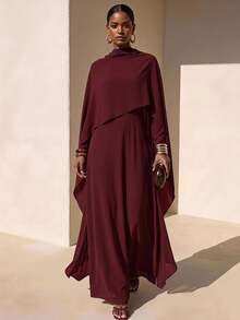 Zivah Women's Burgundy Elegant Two-Piece Outfits For Autumn, Al-Adha Modest Solid Long Sleeve Western Nomadic Style For Dining Birthday Party Graduation - Burgundy - View 2
