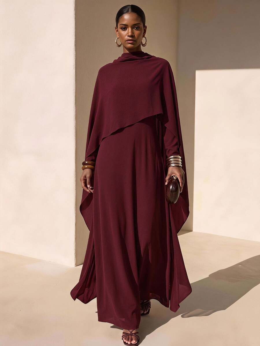 Zivah Women's Burgundy Elegant Two-Piece Outfits For Autumn, Al-Adha Modest Solid Long Sleeve Western Nomadic Style For Dining Birthday Party Graduation