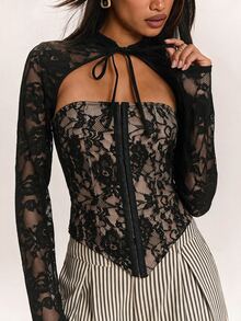 SHEIN BAE Women's Front Tie Front Button Lace Slim Fit Fashion Long Sleeve Top - Black - View 3
