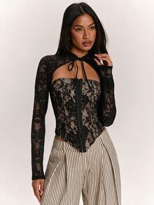 SHEIN BAE Women's Front Tie Front Button Lace Slim Fit Fashion Long Sleeve Top - Black - View 6