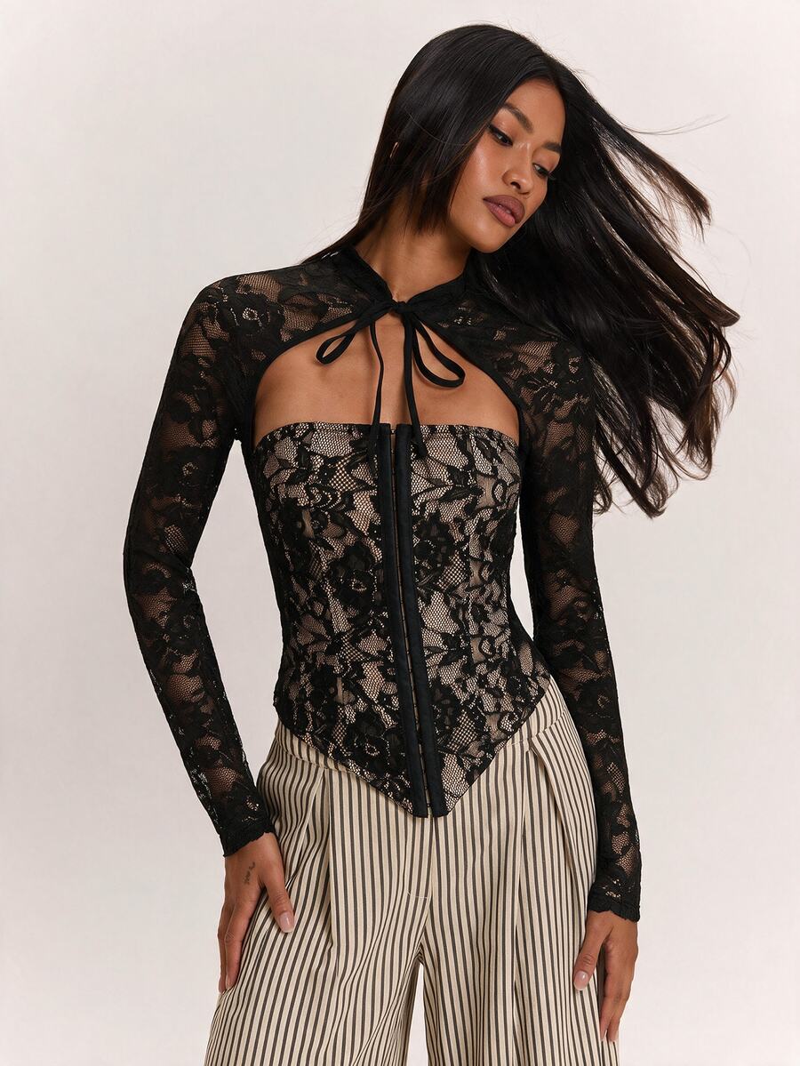 SHEIN BAE Women's Front Tie Front Button Lace Slim Fit Fashion Long Sleeve Top - Black - View 1