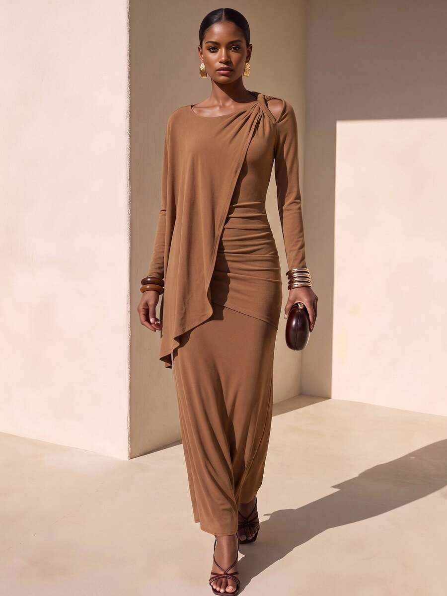 Zivah Autumn Elegant Mocha Brown Crew Neck Long Sleeve Ruched Twist ...