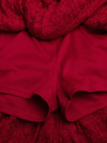 SHEIN 女童優雅派對禮服，天鵝絨亮片刺繡立領洋裝，大蝴蝶結與花苞飾邊，適合派對、聚會、萬聖節、聖誕節、新年，紅色兒童正式禮服 - 酒紅色 - 查看 6
