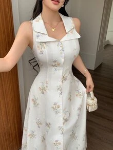 Modelyn 时尚浪漫的女士长款花卉印花连衣裙，采用特殊面料制成 - 杏色 - 查看 3