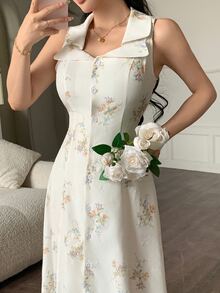 Modelyn 时尚浪漫的女士长款花卉印花连衣裙，采用特殊面料制成 - 杏色 - 查看 4