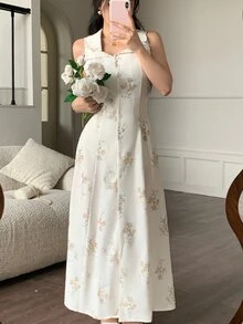 Modelyn 时尚浪漫的女士长款花卉印花连衣裙，采用特殊面料制成 - 杏色 - 查看 7