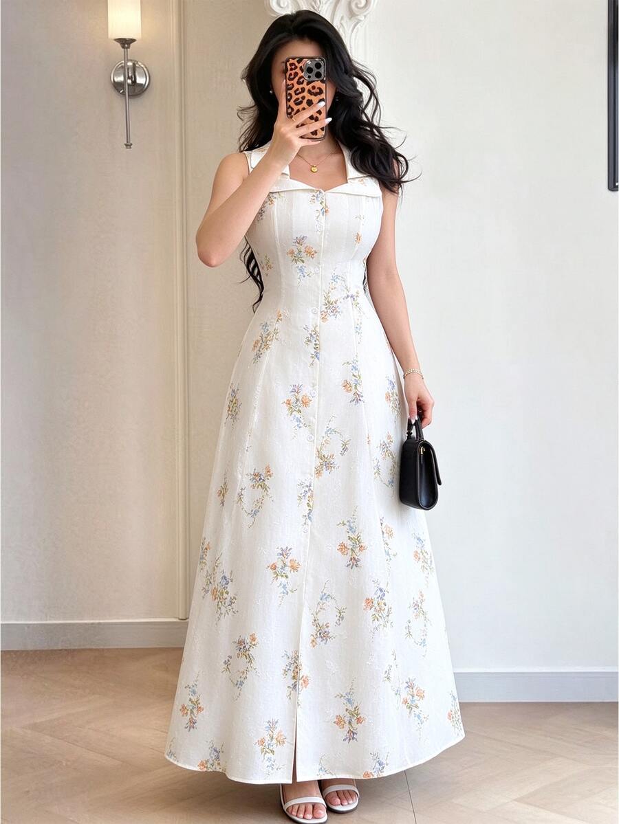 Modelyn 时尚浪漫的女士长款花卉印花连衣裙,采用特殊面料制成 - 杏色 - 查看 1