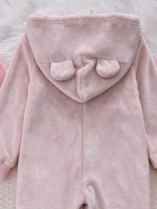 Girls Pink Hooded Long Sleeve Jumpsuit Flannel Heart Pattern Simple Casual Comfortable Soft Sweet Thermal Lined Loungewear Winter - Pink - View 4