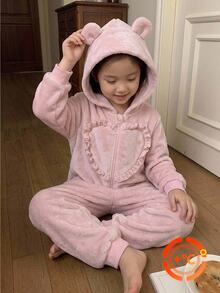 Girls Pink Hooded Long Sleeve Jumpsuit Flannel Heart Pattern Simple Casual Comfortable Soft Sweet Thermal Lined Loungewear Winter - Pink - View 6
