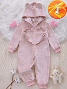 Girls Pink Hooded Long Sleeve Jumpsuit Flannel Heart Pattern Simple Casual Comfortable Soft Sweet Thermal Lined Loungewear Winter - Pink - View 8