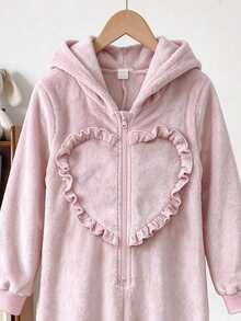 Girls Pink Hooded Long Sleeve Jumpsuit Flannel Heart Pattern Simple Casual Comfortable Soft Sweet Thermal Lined Loungewear Winter - Pink - View 7