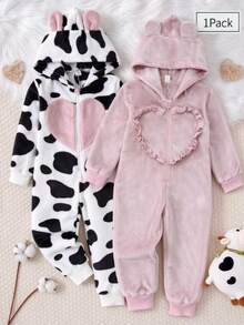 Girls Pink Hooded Long Sleeve Jumpsuit Flannel Heart Pattern Simple Casual Comfortable Soft Sweet Thermal Lined Loungewear Winter - Pink - View 1