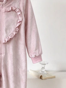 Girls Pink Hooded Long Sleeve Jumpsuit Flannel Heart Pattern Simple Casual Comfortable Soft Sweet Thermal Lined Loungewear Winter - Pink - View 5