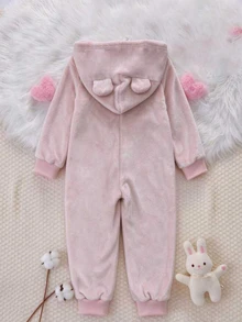 Girls Pink Hooded Long Sleeve Jumpsuit Flannel Heart Pattern Simple Casual Comfortable Soft Sweet Thermal Lined Loungewear Winter - Pink - View 2