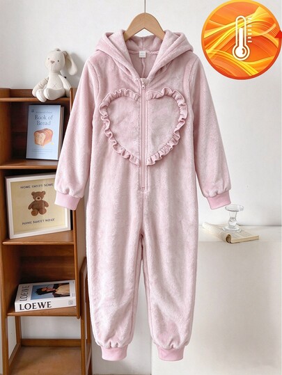 Girls Pink Hooded Long Sleeve Jumpsuit Flannel Heart Pattern Simple Casual Comfortable Soft Sweet Thermal Lined Loungewear Winter