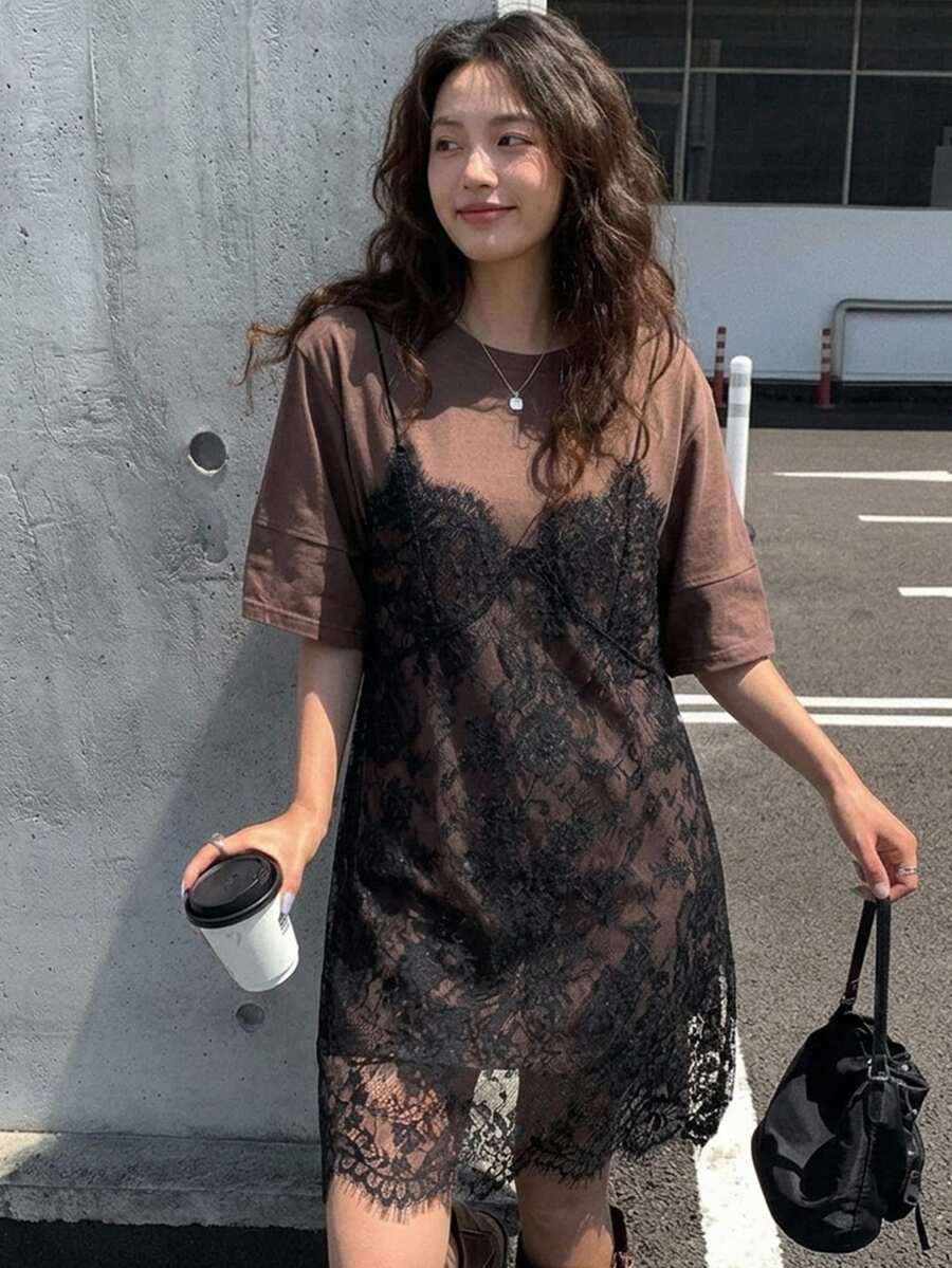 DAZY Women's Lace Patchwork Sleeveless 2 In 1 Short Sleeve Dress Summer Sundress - Coffee - View 1