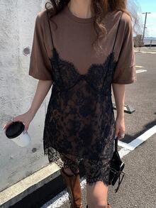 DAZY Women's Lace Patchwork Sleeveless 2 In 1 Short Sleeve Dress Summer Sundress - Coffee - View 5