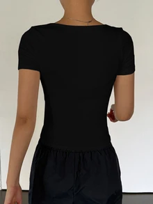 DAZY Women Square-Neck Short Sleeve Slim Fit Sexy Top, Summer,Crop Tops Women Cute Tops - Black - View 4