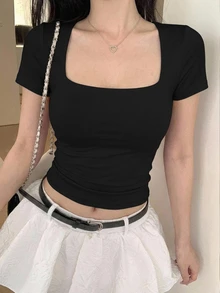 DAZY Women Square-Neck Short Sleeve Slim Fit Sexy Top, Summer,Crop Tops Women Cute Tops - Black - View 6