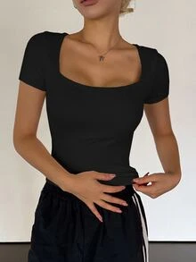 DAZY Women Square-Neck Short Sleeve Slim Fit Sexy Top, Summer,Crop Tops Women Cute Tops - Black - View 9