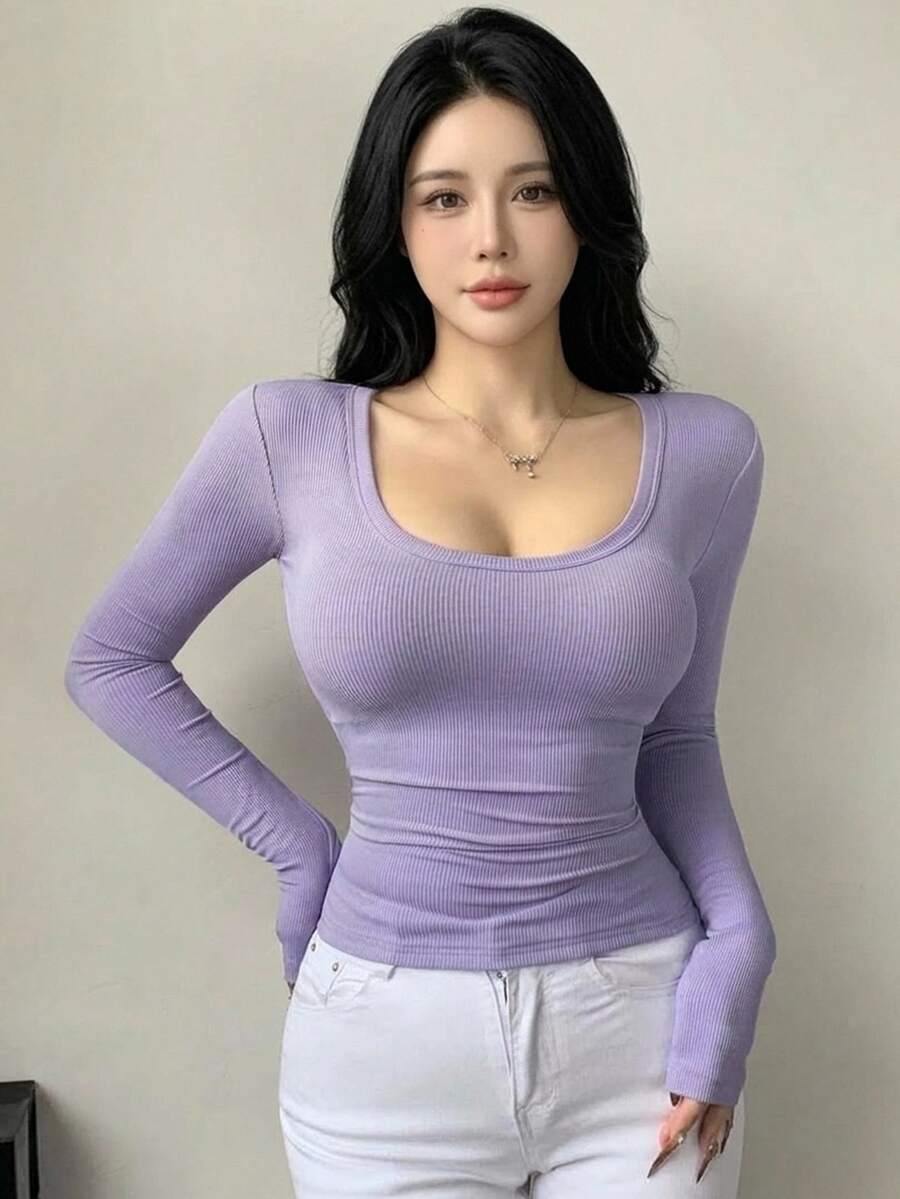 DAZY Kaos Wanita Slim Fit Leher Bulat Lengan Panjang, Serbaguna, Kasual, Pakaian Musim Gugur - Mauve Purple - View 1