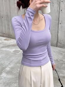 DAZY Kaos Wanita Slim Fit Leher Bulat Lengan Panjang, Serbaguna, Kasual, Pakaian Musim Gugur - Mauve Purple - View 8