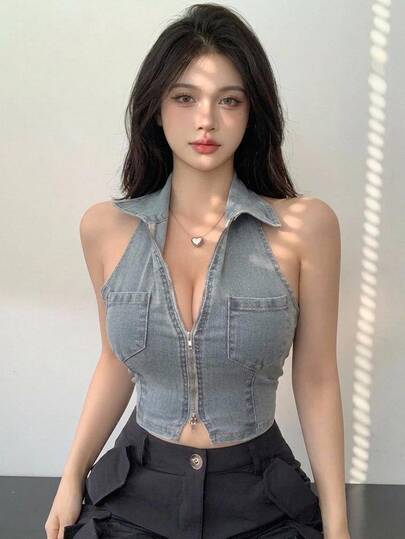 Joudiya 女式夏季无袖围脖领前拉链牛仔背心上衣