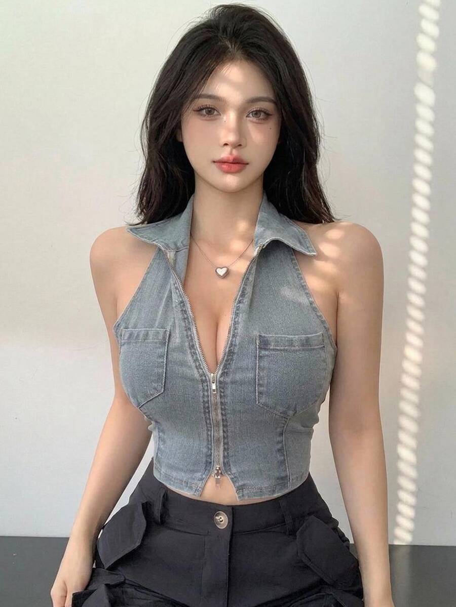 Joudiya Women's Summer Sleeveless Cowl Neck Front Zip Denim Vest Top - Light Wash - View 1
