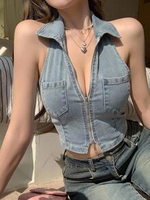 Joudiya Women's Summer Sleeveless Cowl Neck Front Zip Denim Vest Top - Light Wash - View 7