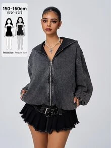 SHEIN PETITE Women's Fashion Zipper Long Sleeve Hooded Denim Jacket - Black - View 1