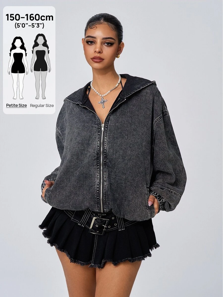 SHEIN PETITE Women's Fashion Zipper Long Sleeve Hooded Denim Jacket - Black - View 1