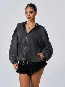 SHEIN PETITE Women's Fashion Zipper Long Sleeve Hooded Denim Jacket - Black - View 4