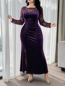 Feyla Women's Plus Size Elegant Lace Side Slit Dress - Purple - View 5